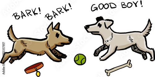 Playing dogs doodle, hand drawn colored pair of pet with bone, ball and collar accessories. Cute playing dogs doodle with speech bubbles, isolated on white.