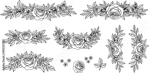 Set of floral branch. Flower rose, leaves. Wedding concept with flowers. Floral poster, invite. Vector arrangements for greeting card or invitation design