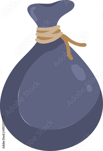 Trash bag sack, dark purple plastic garbage sack with knot. Waste container bag for household refuse disposal. Trash bag sack for cleanup