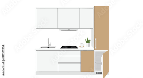 Small minimalist kitchen featuring white cabinets, a wooden tall cabinet, sink, stovetop, and an open refrigerator.