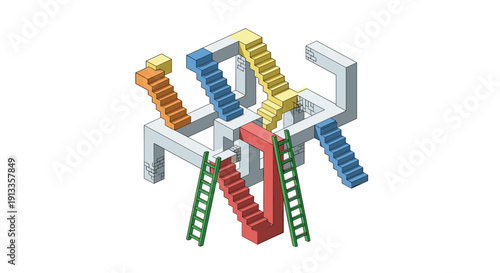 Isometric pixel art of an impossible structure featuring interconnected colorful stairs and ladders.