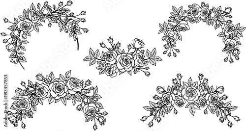 Set of floral branch. Flower rose, leaves. Wedding concept with flowers. Floral poster, invite. Vector arrangements for greeting card or invitation design