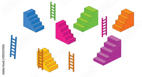 Isometric pixel art collection of colorful stairs and ladders on a white background.