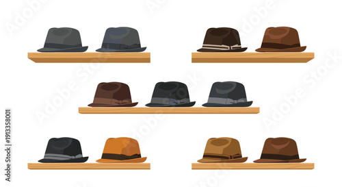 Several pairs of stylish fedora hats, each displayed on a separate small wooden shelf, showcase various color combinations on a white background.
