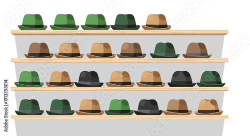 Four tiered shelves are densely packed with an assortment of stylish fedora hats, primarily in shades of green and brown, on a white background.