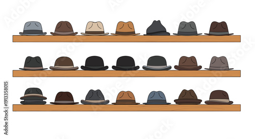 Three wooden shelves are neatly stocked with a diverse collection of classic fedora-style hats in various muted colors against a white background.