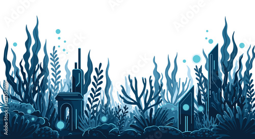 A dense blue underwater scene features tall, flowing kelp-like plants surrounding mysterious structures and glowing bubbles against a white background.
