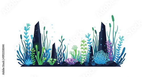 An exotic underwater landscape showcases a diverse array of colorful corals, vibrant sea plants, and dark rock formations on a white background.