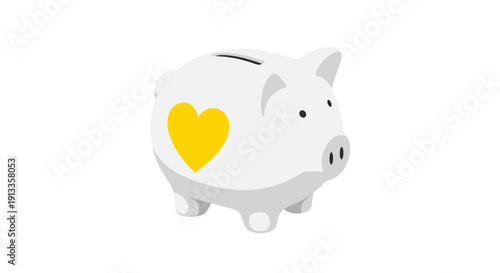 A three-quarter view of a white ceramic piggy bank displaying a large golden heart on its side on a clean white background.