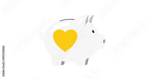 A white ceramic piggy bank with a prominent golden heart symbol on its side stands ready for saving on a clean white background.