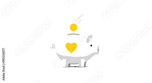 A white ceramic piggy bank with a golden heart symbol receives a golden coin dropping into its top slot on a bright white background.