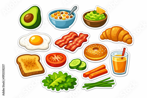 Healthy Breakfast Cartoon Sticker Set with Avocado, Eggs and Veggies Vector Illustration
