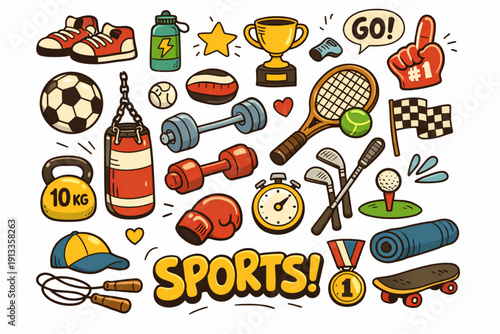 Cartoon Sports Elements Set in Retro Doodle Style Vector Illustration