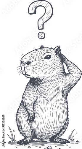 hand drawn illustration of a confused capybara scratching its head with a question mark above, black fill style with no white fills, perfect for stickers and conceptual icons