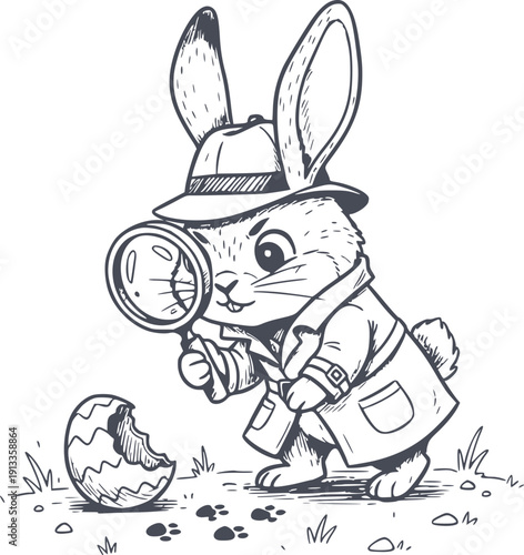 professional hand drawn illustration of a detective rabbit with a magnifying glass investigating a broken egg no white fills included in the vector file for easy overlaying on any background black fil
