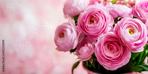 Pink ranunculus flowers arranged in a decorative vase against a soft pink background, showcasing their layered petals and vibrant color