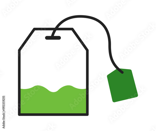 Simple illustration of a green tea bag with a tag, symbolizing relaxation and wellness.