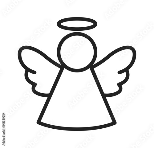 Simple black line illustration of an angel with wings and a halo, embodying innocence and purity.