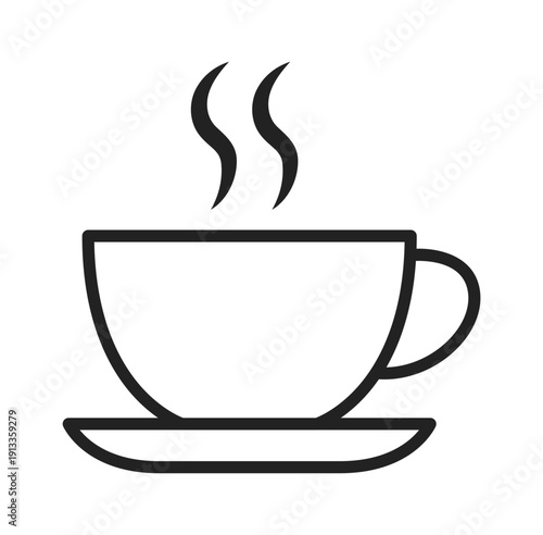 A simple outline of a steaming cup of coffee on a saucer, evoking warmth and comfort.