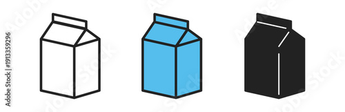 Three stylized milk carton illustrations in black, white, and blue, showcasing a modern design aesthetic.