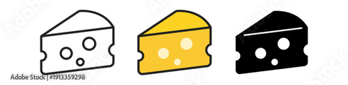 Three cheese wedge icons in various styles: outline, colored, and solid black, showcasing different design aesthetics.