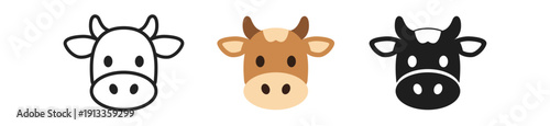 Three cartoon-style cow faces: white, brown, and black, featuring distinctive ear shapes and playful expressions.