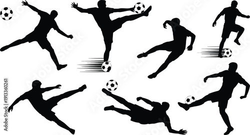 Black Silhouettes of Soccer Players Kicking Balls in Motion on White Background