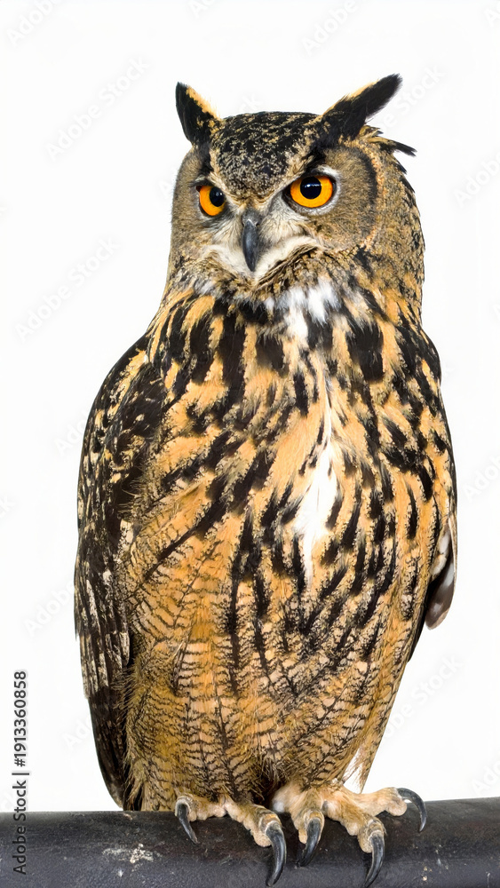 Obraz premium Owl Sitting on White Background, Wild Nocturnal Bird Close Up No Shadow