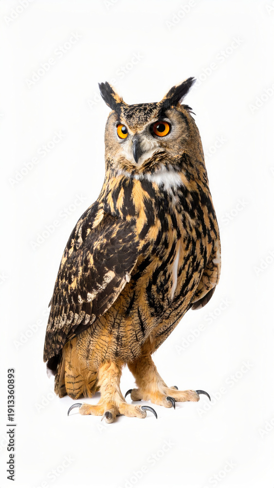 Obraz premium Owl Sitting on White Background, Wild Nocturnal Bird Close Up No Shadow