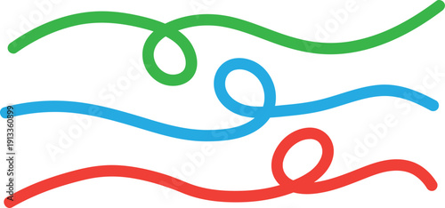Colorful wavy lines in green blue and red hues on a white background