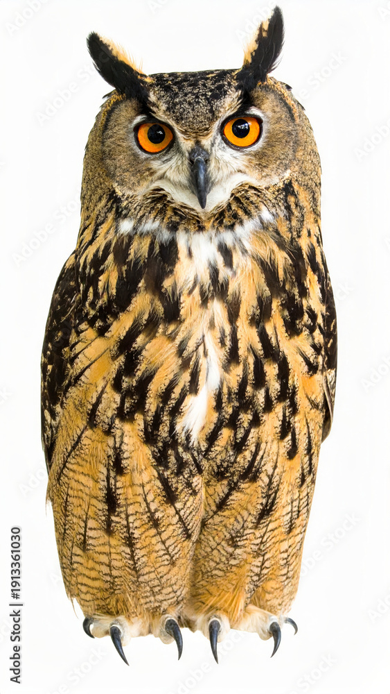 Obraz premium Owl Sitting on White Background, Wild Nocturnal Bird Close Up No Shadow