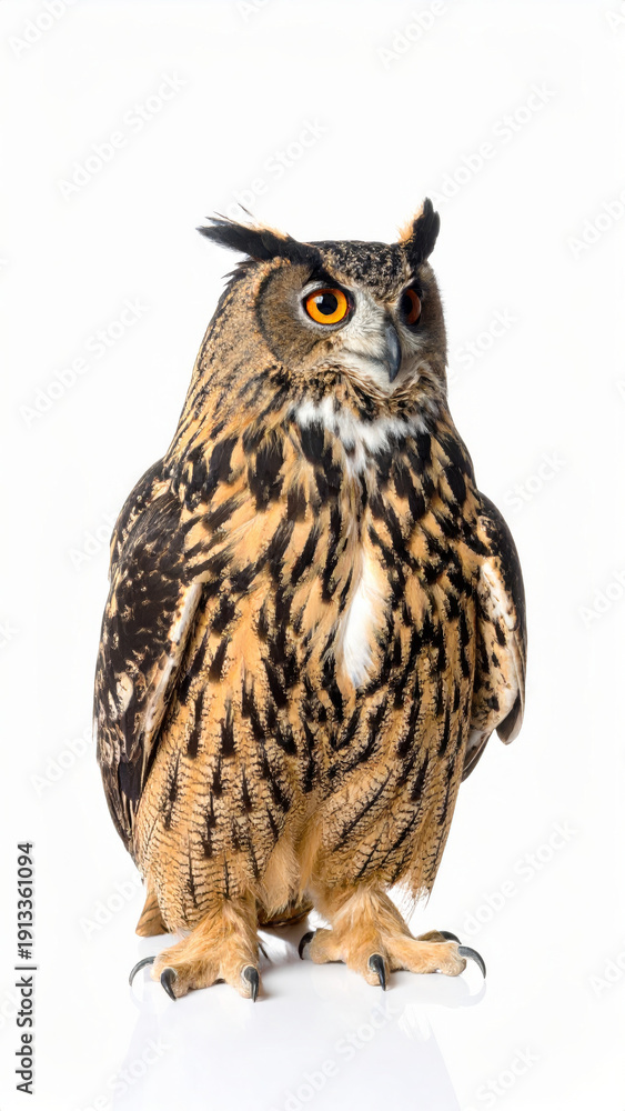 Fototapeta premium Owl Sitting on White Background, Wild Nocturnal Bird Close Up No Shadow