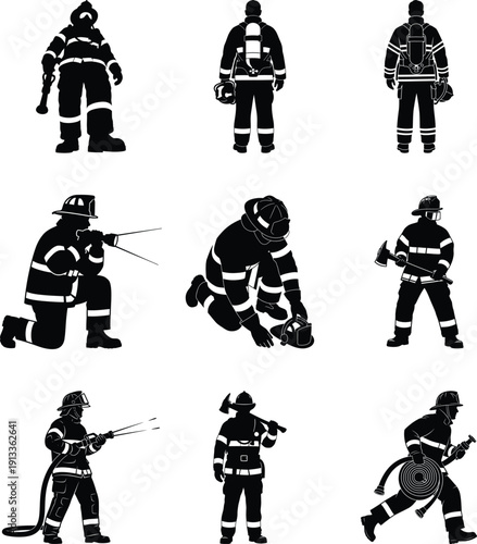 Firefighter silhouette icons in various emergency response situations