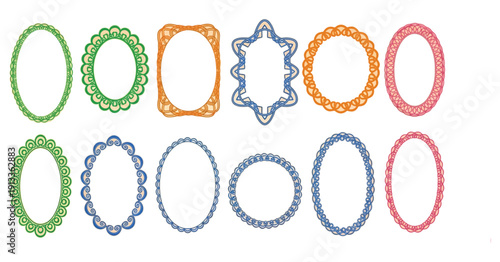 Collection of ten diverse ornamental oval and circular lace-style digital frames featuring intricate decorative borders in vibrant colors.