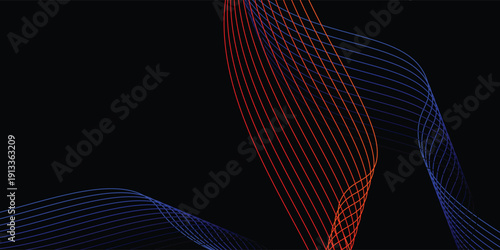 Smooth neon sound wave on black background. Abstract flowing wavy lines design concept,equalizer, audio record, voice assistant. Blue pink orange purple vector eps10