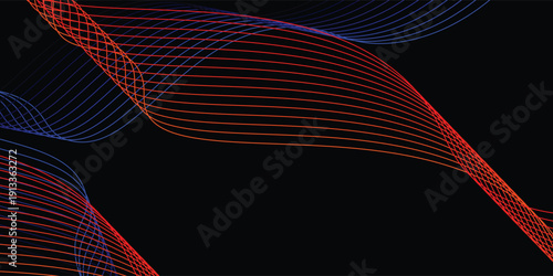 Smooth neon sound wave on black background. Abstract flowing wavy lines design concept,equalizer, audio record, voice assistant. Blue pink orange purple vector eps10