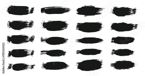 Collection of twenty distinct black ink or paint brush strokes displayed in four rows against a clean white background