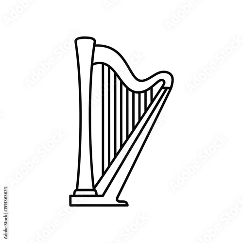 Elegant black and white illustration of a traditional celtic harp instrument