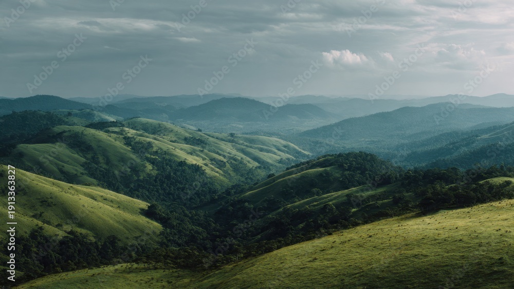 Fototapeta premium Rolling Green Hills and Distant Mountains
