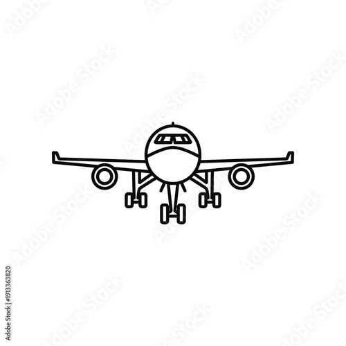 Simple line drawing of a commercial airplane with landing gear extended