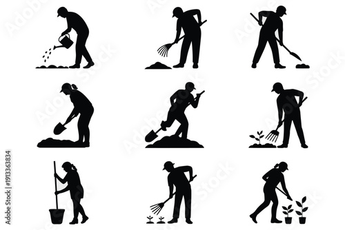 Collection of black silhouette icons depicting various manual gardening and agricultural tasks performed by stylized male and female figures using essential tools.