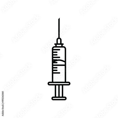 A black and white line drawing of a syringe with a needle attached.