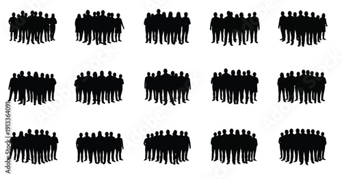 Collection of fifteen distinct black silhouette groupings representing diverse crowds of people standing together in formation.