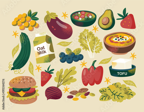 Plant Based Vegan Healthy food products vegetables, fruits, tofu, oat milk, soup and burger on beige background. Vector illustration set. Vegan nutrition concept