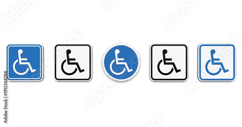 Collection of various universally designed international accessibility signs showcasing different shapes and contrasting color schemes for handicap access.