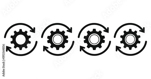 Black and white illustration depicting four repeating circular arrow icons surrounding industrial gear mechanisms representing continuous workflow optimization and processes.