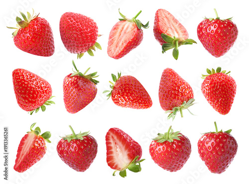 Fresh strawberries isolated on white, set. Whole and sliced