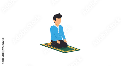 Man meditating on prayer mat, serene illustration, blue shirt, peaceful ambiance