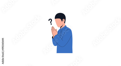 Man Praying with Question Mark, Confused, White Background, Simple Illustration
