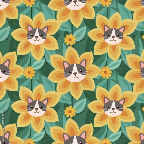 seamless cat floral pattern 